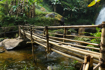 Bamboo bridge across a creek in a natural forest trail.