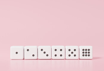 3d rendering white dice minimal style Align number one to six on pink pastel. Composition template Advertising platform concept
