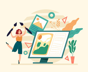 Woman digital artist designer freelancer character working. Flat illustration graphic design concept