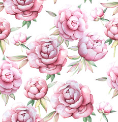 Bright watercolor fashionable pattern depicting  of beautiful pink peonies  flowers on a white background.