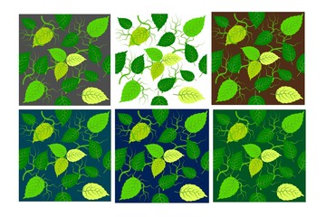 Repeating pattern of yellow-green leaves on a background of different shades for printing on fabric and paper