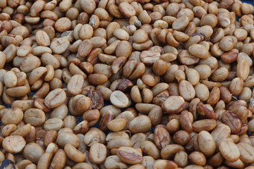 close up raw yellow coffee beans coated with honey. 