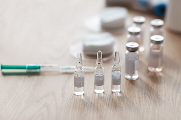 Medical, pharmaceutical industry, covid-19, coronavirus vaccine vial bottles in hospital