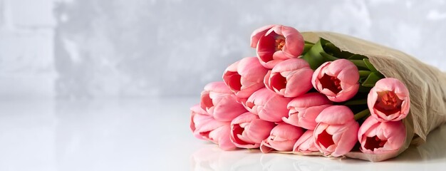 Bouquet of fresh pink tulips on white table. Copy space for text.