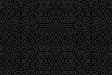 Geometric 3D volumetric convex black background. Ethnic embossed beautiful ornament. African, Mexican, Indian style. Mosaic pattern for wallpaper, presentations, stained glass.