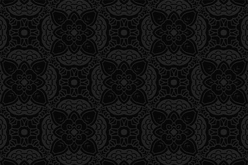 Geometric 3D volumetric convex black background. Ethnic embossed floral ornament. African, Mexican, Indian style. A graceful pattern for wallpaper, presentations, stained glass.