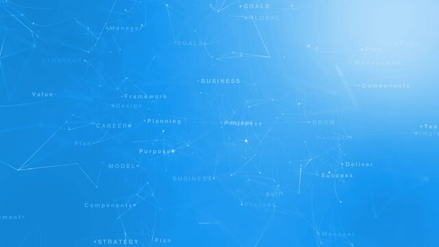 Conceptual business management word cloud with flashing dots and lines on blue copy space animation background.