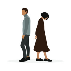 Male character and female character are standing with their backs to each other on a white background