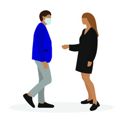 Male character in a medical mask and a female character without a medical mask together on a white background