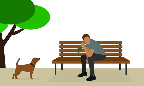 A male character with a bottle in his hand sits on a park bench and a dog with a collar is looking at him