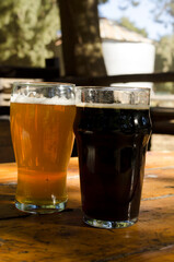 alcoholic drink, two glasses of beer, a blonde and a black