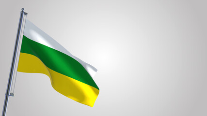 Zamora Chinchipe 3D waving flag illustration on a realistic metal flagpole. Isolated on white background with space on the right side. 