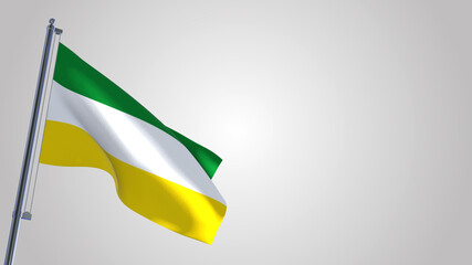 Sucumbios 3D waving flag illustration on a realistic metal flagpole. Isolated on white background with space on the right side. 