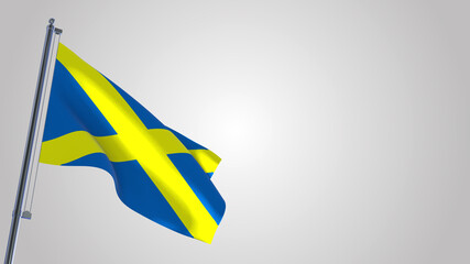 Saint Alban Cross 3D waving flag illustration on a realistic metal flagpole. Isolated on white background with space on the right side. 