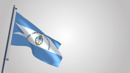 Corrientes 3D waving flag illustration on a realistic metal flagpole. Isolated on white background with space on the right side. 