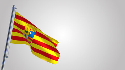 Aragon 3D waving flag illustration on a realistic metal flagpole. Isolated on white background with space on the right side. 