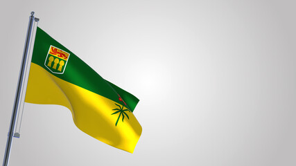 Saskatchewan 3D waving flag illustration on a realistic metal flagpole. Isolated on white background with space on the right side. 
