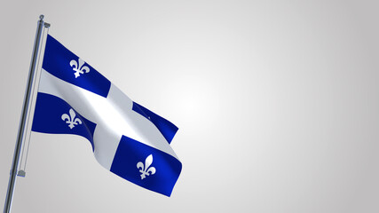 Quebec 3D waving flag illustration on a realistic metal flagpole. Isolated on white background with space on the right side. 