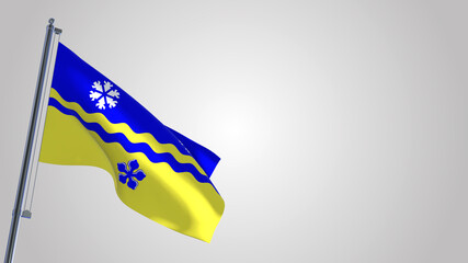 Prince George British Columbia 3D waving flag illustration on a realistic metal flagpole. Isolated on white background with space on the right side. 