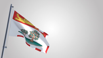 Prince Edward Island 3D waving flag illustration on a realistic metal flagpole. Isolated on white background with space on the right side. 