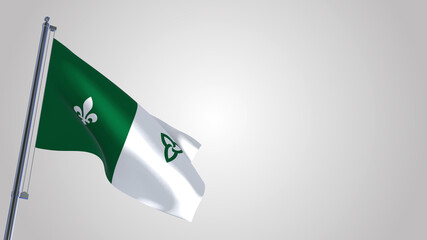 Franco-Ontarian 3D waving flag illustration on a realistic metal flagpole. Isolated on white background with space on the right side. 