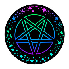 mystical bright pentagram with an ornament of scattered shiny neon stars