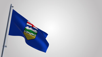 Alberta 3D waving flag illustration on a realistic metal flagpole. Isolated on white background with space on the right side. 