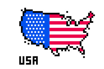 Obraz premium 2d 8 bit pixel art USA map covered with flag isolated on white background. Old school vintage retro 80s, 90s platform computer, video game graphics.Slot machine design element.Country geography.