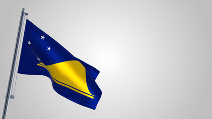 Tokelau 3D waving flag illustration on a realistic metal flagpole. Isolated on white background with space on the right side. 