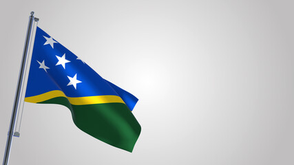 Salomon Islands 3D waving flag illustration on a realistic metal flagpole. Isolated on white background with space on the right side. 