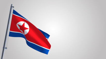 North Korea 3D waving flag illustration on a realistic metal flagpole. Isolated on white background with space on the right side. 