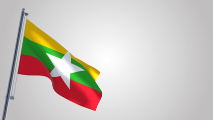 Myanmar 3D waving flag illustration on a realistic metal flagpole. Isolated on white background with space on the right side. 