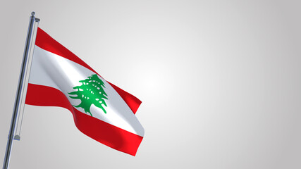 Lebanon 3D waving flag illustration on a realistic metal flagpole. Isolated on white background with space on the right side. 