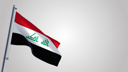 Iraq 3D waving flag illustration on a realistic metal flagpole. Isolated on white background with space on the right side. 