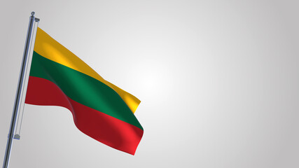 Lithuania 3D waving flag illustration on a realistic metal flagpole. Isolated on white background with space on the right side. 