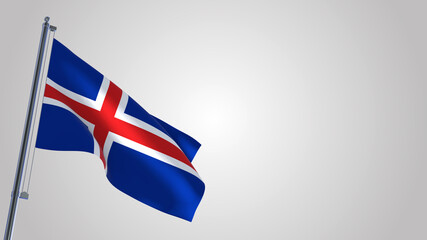 Iceland 3D waving flag illustration on a realistic metal flagpole. Isolated on white background with space on the right side. 