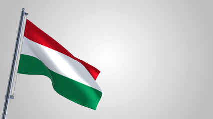 Hungary 3D waving flag illustration on a realistic metal flagpole. Isolated on white background with space on the right side. 