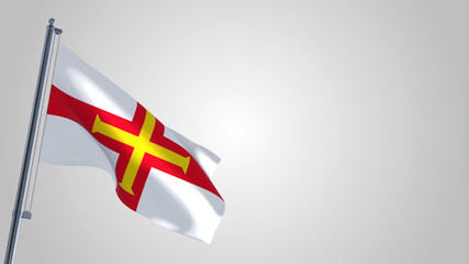 Guernsey 3D waving flag illustration on a realistic metal flagpole. Isolated on white background with space on the right side. 