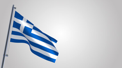 Greece 3D waving flag illustration on a realistic metal flagpole. Isolated on white background with space on the right side. 