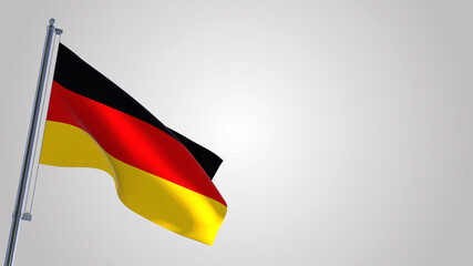 Germany 3D waving flag illustration on a realistic metal flagpole. Isolated on white background with space on the right side. 
