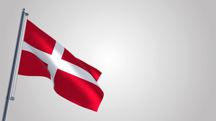 Denmark 3D waving flag illustration on a realistic metal flagpole. Isolated on white background with space on the right side. 