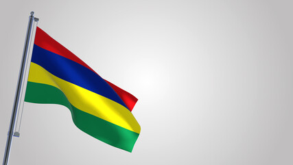 Mauritius 3D waving flag illustration on a realistic metal flagpole. Isolated on white background with space on the right side. 
