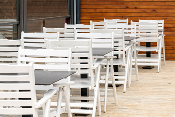 Empty chairs and tables in a bar restaurant of Antalya - Turkey, closed due to COVID-19 measures