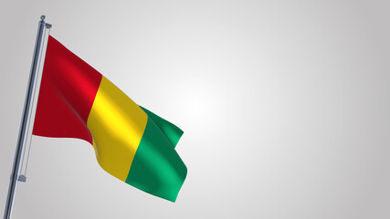 Guinea 3D waving flag illustration on a realistic metal flagpole. Isolated on white background with space on the right side. 