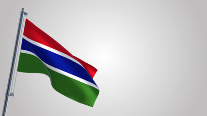 Gambia 3D waving flag illustration on a realistic metal flagpole. Isolated on white background with space on the right side. 