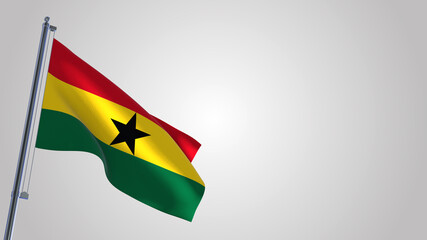 Ghana 3D waving flag illustration on a realistic metal flagpole. Isolated on white background with space on the right side. 