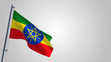 Ethiopia 3D waving flag illustration on a realistic metal flagpole. Isolated on white background with space on the right side. 