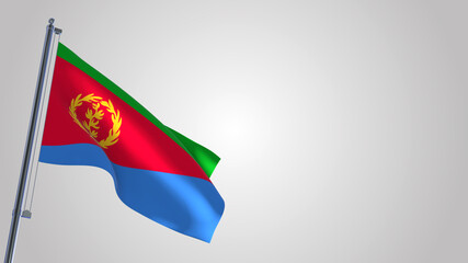 Eritrea 3D waving flag illustration on a realistic metal flagpole. Isolated on white background with space on the right side. 