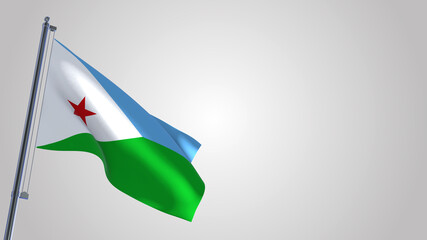 Djibouti 3D waving flag illustration on a realistic metal flagpole. Isolated on white background with space on the right side. 