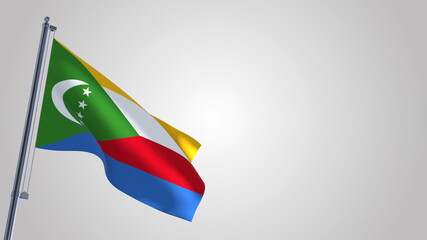 Comores 3D waving flag illustration on a realistic metal flagpole. Isolated on white background with space on the right side. 